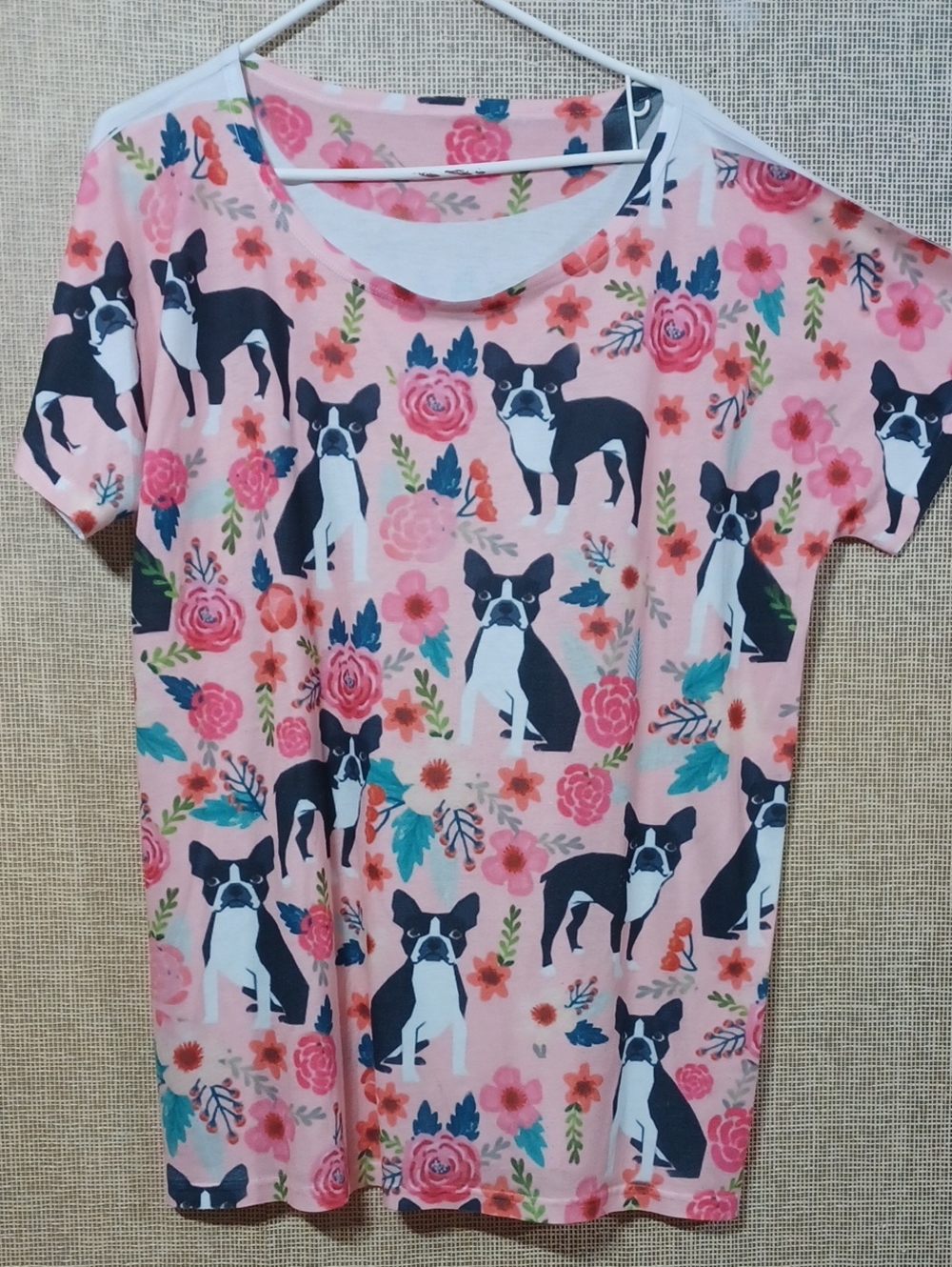 Womans Pink Floral & Boston Terrier Short Sleeve Tee